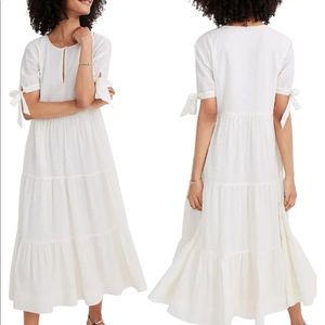 Madewell Tie-Sleeve Tiered Midi Dress in Swiss Dot